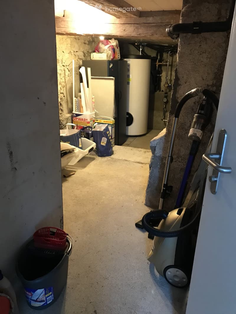 Narrow concrete hallway with exposed wooden beams, vacuum cleaner, storage boxes, and a water heater in the background.