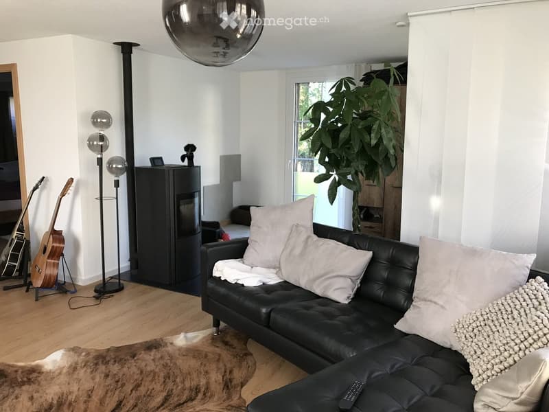 Modern living room with a black leather sofa, pillows, a blanket, a floor lamp, guitars, a large mirror, and a balloon light fixture.