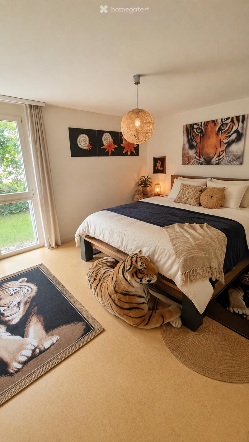 Modern bedroom with a large bed, decorative pillows, a nightstand with a lamp, a potted plant, and artwork on the walls. A large tiger-themed rug and a plush tiger toy are also present.