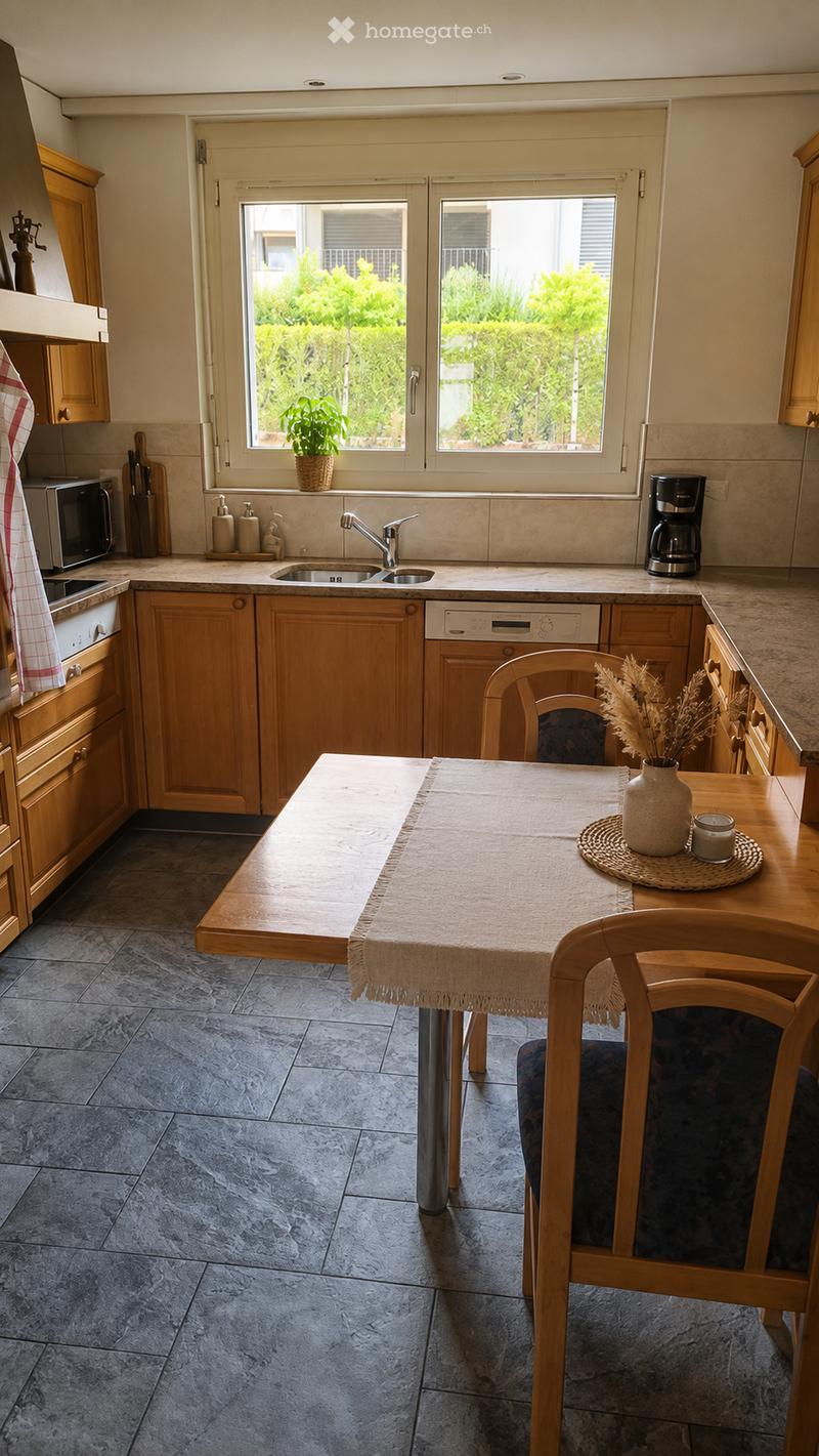 Bright kitchen with wooden cabinets, granite countertops, and a dining area. Features a sink, microwave, coffee maker, and a small table with chairs.