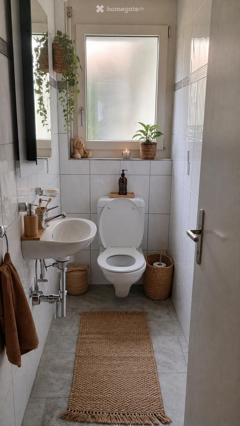 Modern bathroom with white tiles, a toilet, sink, and various decorative items including a woven rug, plants, and a candle on the windowsill.