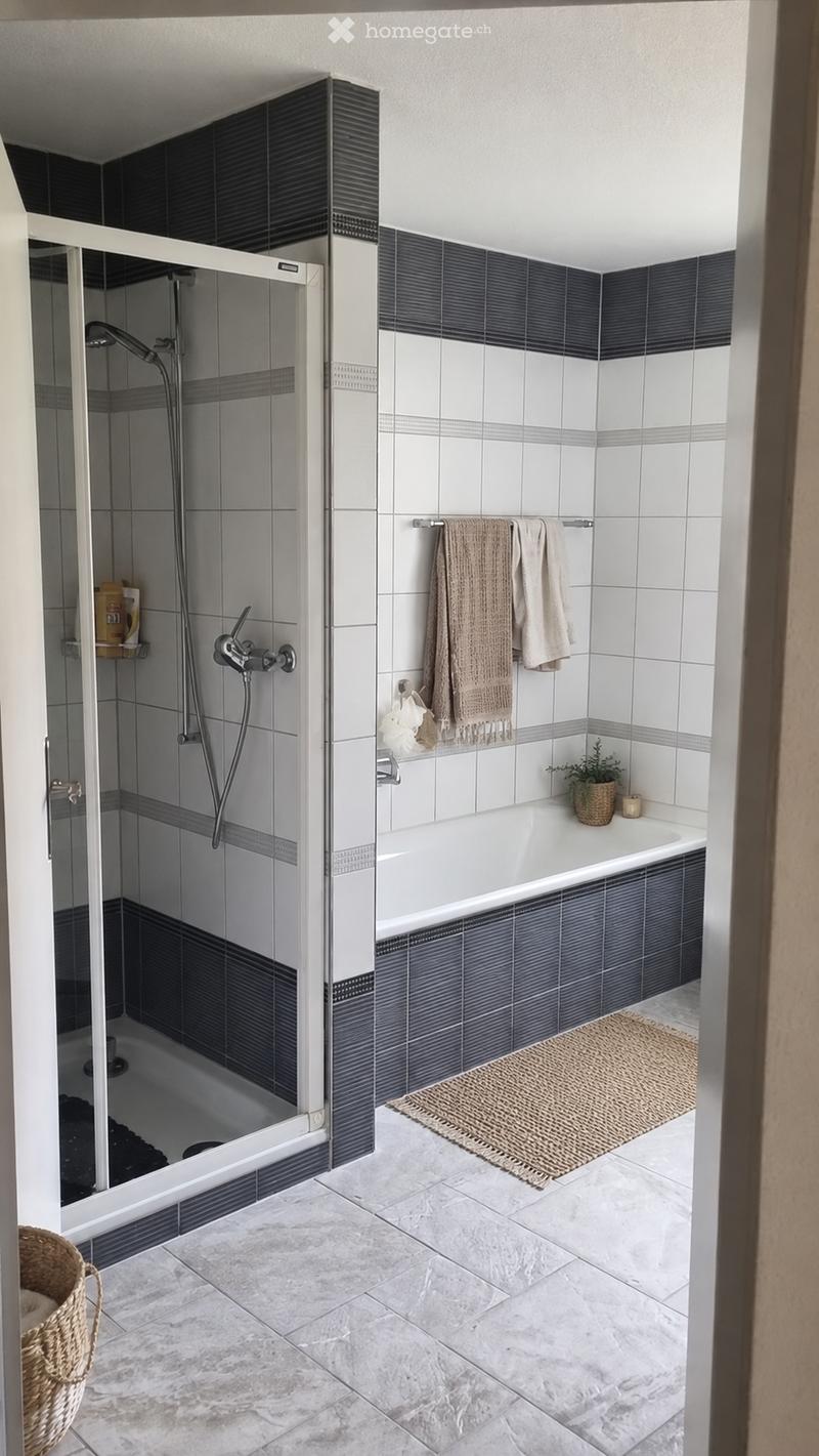 Modern bathroom with a bathtub, shower, towel rack, towels, small plant, and a woven rug on the floor.