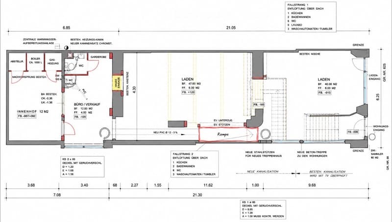 Floor plan of a commercial building showing multiple rooms including offices, bathrooms, and storage areas. Includes dimensions, labels for various rooms, and structural details.