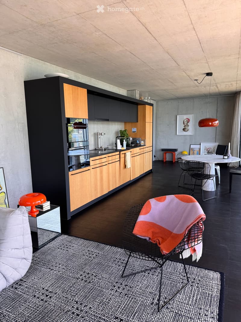 Modern, open-plan living and dining area with a kitchen, featuring a white sofa, a black wire chair with a colorful blanket, a round dining table with chairs, and a sleek kitchen with wooden and black cabinets.