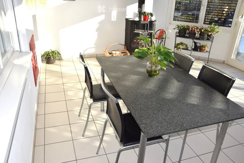 Balcony with tiled floor, grey table, black chairs, vase with plant, shelf with potted plants, and a fireplace.