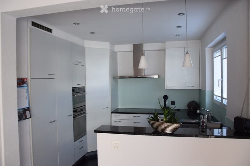Modern kitchen with white cabinets, black countertops, stainless steel appliances, and pendant lights. Features a sink, faucet, and a small plant on the counter.