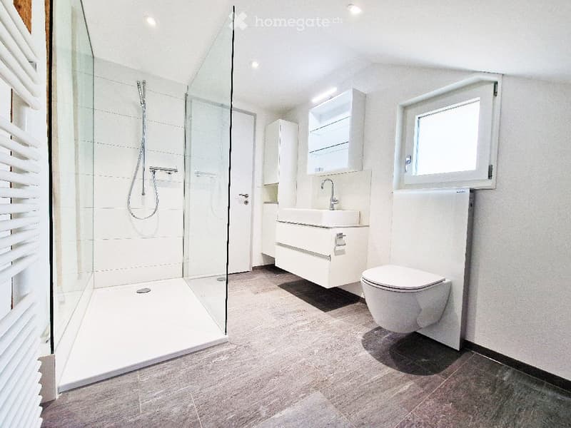 Modern bathroom with a glass-enclosed shower, white tiled walls, a floating sink cabinet, and a toilet. Features include a built-in mirror cabinet and a window for natural light.