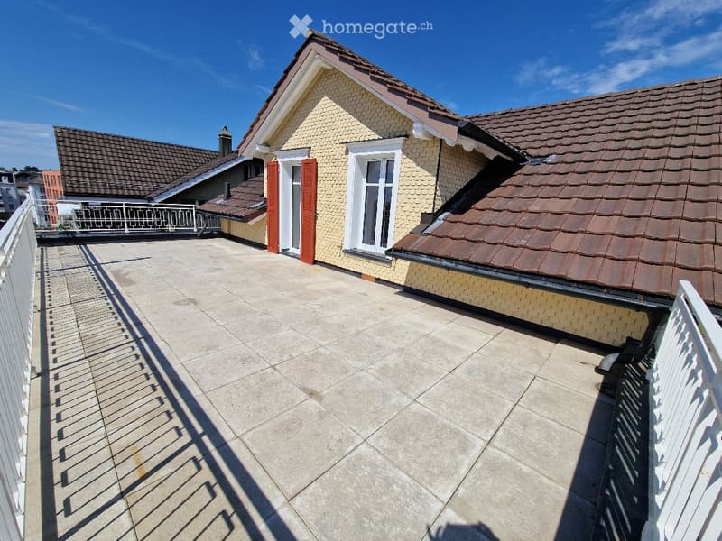 Roof terrace with concrete floor, white metal railing, and adjacent building with yellow siding and red shutters.