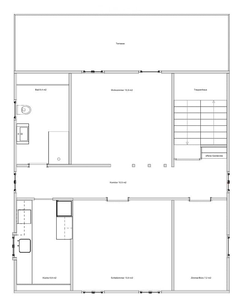 Floor plan of a residential space featuring a living room, kitchen, bedroom, bathroom, hallway, and terrace.