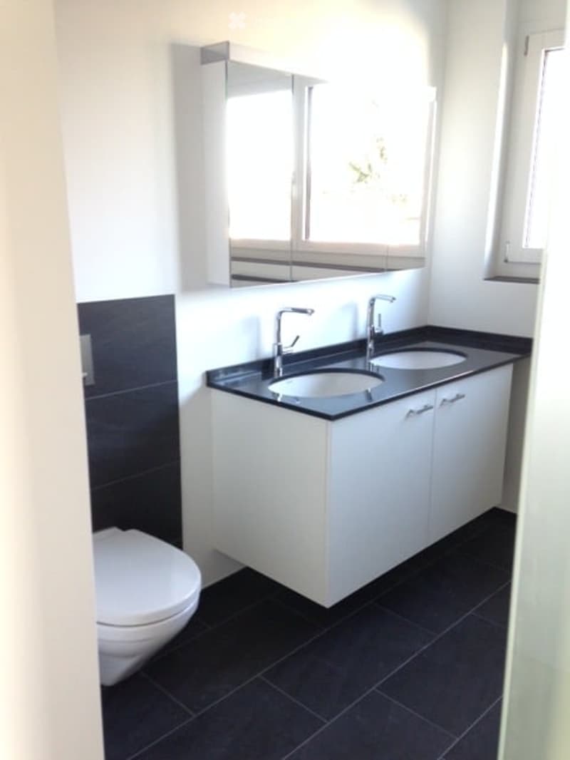 Modern bathroom with white walls, black tiles, double sink, mirror, and toilet.