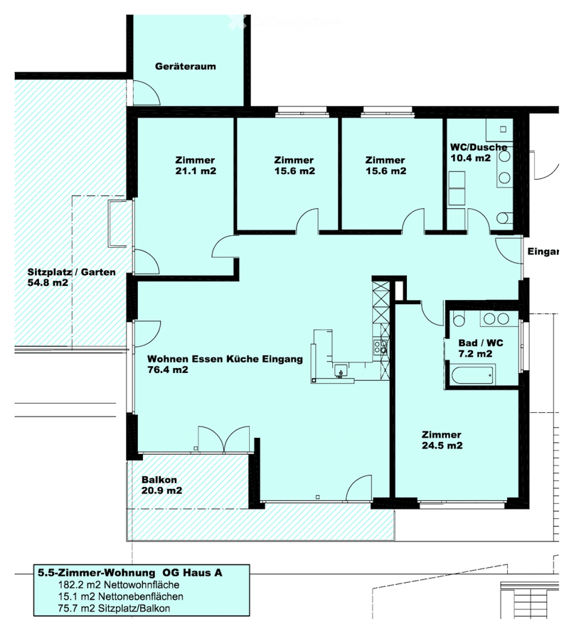 Floor plan of a 5.5-room apartment with living, dining, kitchen, entrance, 4 bedrooms, 2 bathrooms, utility room, balcony, and outdoor seating area.
