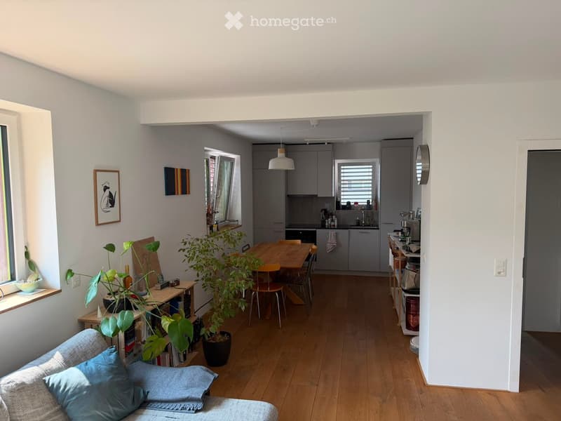 Open-plan living and dining area with a sofa, coffee table, dining table, chairs, and a kitchen area with cabinets, appliances, and a window. The space features wooden flooring, large windows, and several potted plants.