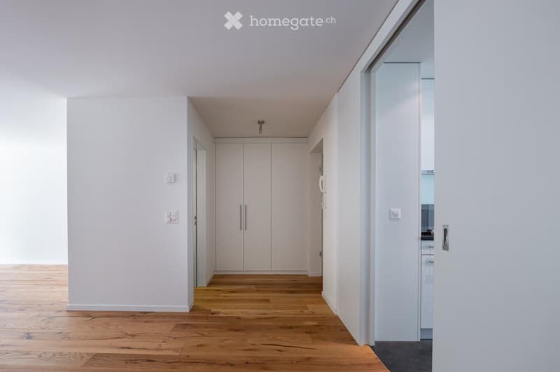 Bright, minimalist hallway with light wooden flooring, white walls, and built-in white closet with silver handles. The hallway features modern light fixtures and electrical outlets, with a glimpse of a room at the end.
