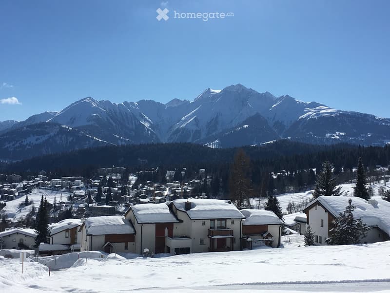 multiple snow covered chalets, surrounded by pine trees, mountains covered in snow in the background