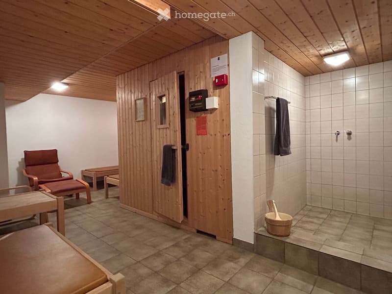 Sauna room with wooden walls, shower, changing room, wooden benches, and chairs.