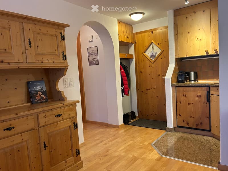 A wooden-furnished room with a wooden door and shelves, an arched doorway leading to the closet area, a power outlet and a switch on the wall, and a small carpet near the door.