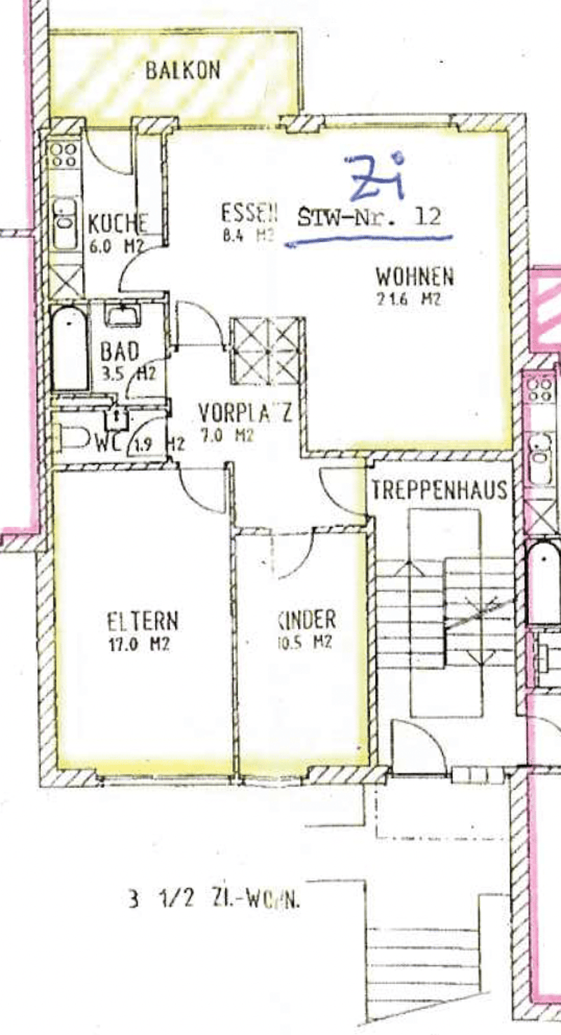 Floor plan showing a 3.5-room apartment with a living area, kitchen, bathroom, balcony, and staircase access.