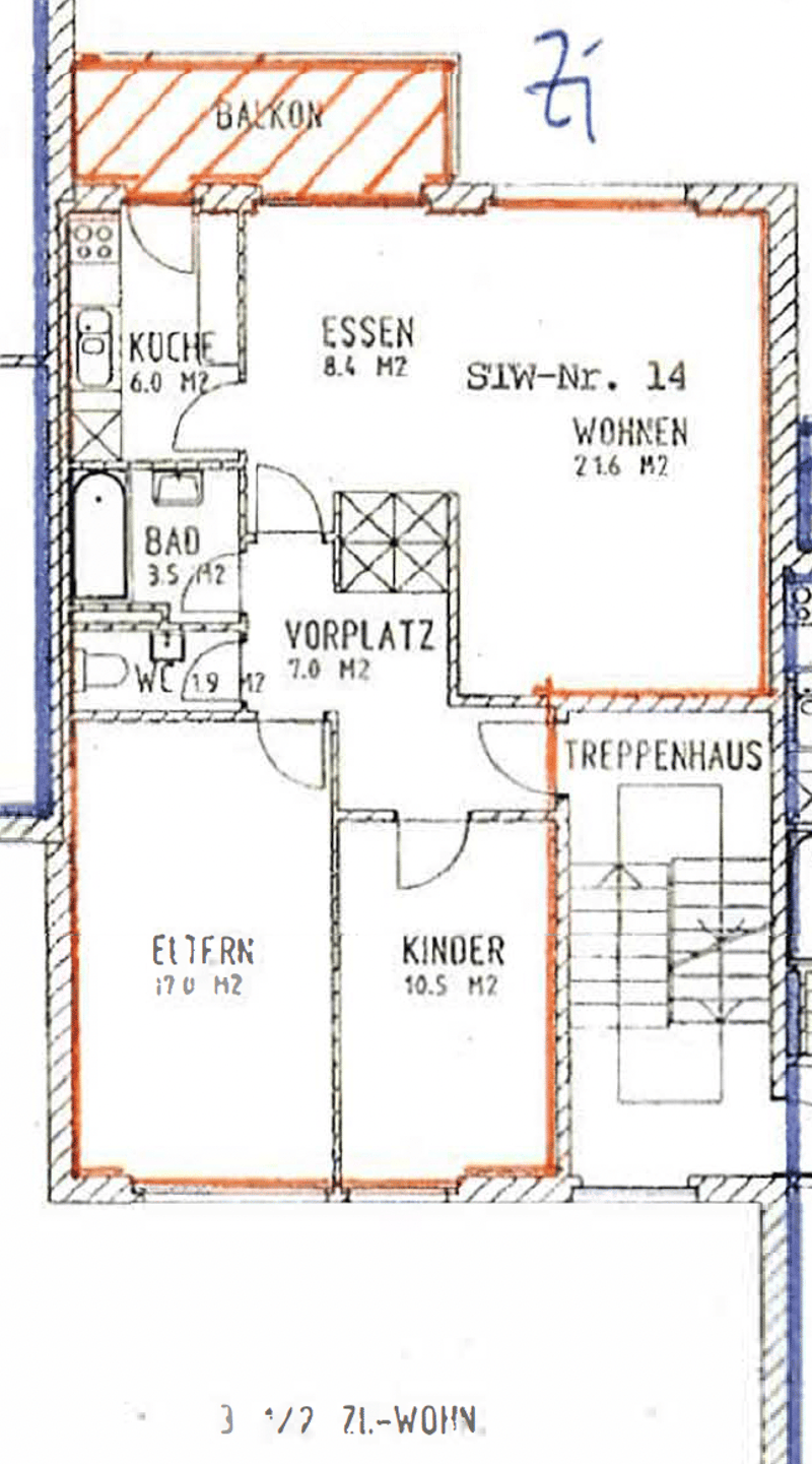 Floor plan showing a kitchen, dining area, living room, bathroom, hallway, children's room, and balcony.