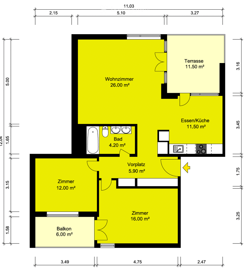Floor plan of an apartment with a living room, kitchen, two bedrooms, bathroom, hallway, balcony, and terrace.