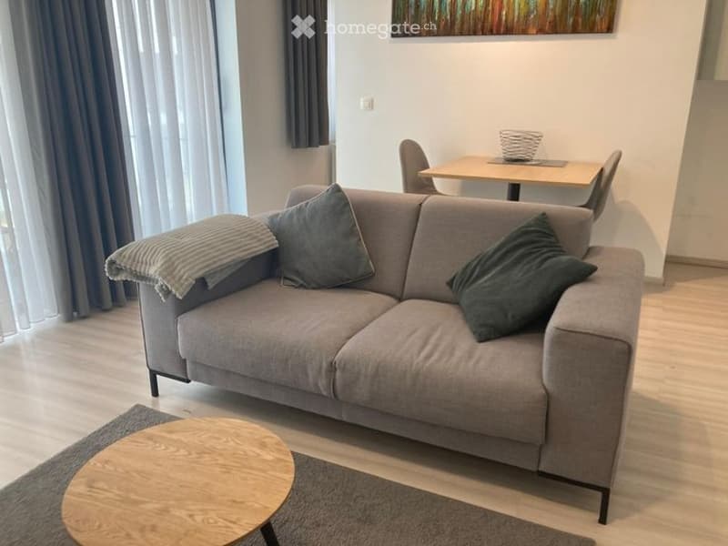 A modern, cozy living room with a grey sofa, wooden coffee table, and a small dining area with a table and chairs. The room features large windows with sheer curtains and a warm, inviting atmosphere.