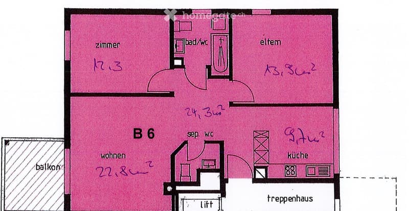 Floor plan showing a living area, kitchen, bedroom, and bathroom with a balcony.
