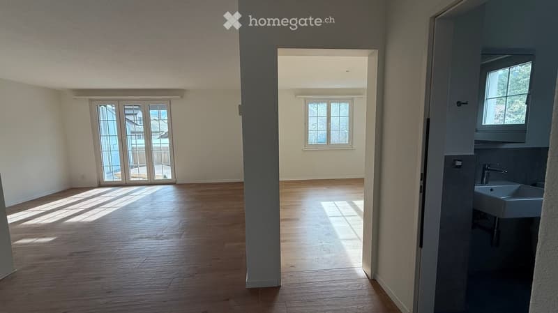 Empty room with wooden flooring, large windows, and a sink in the corner.