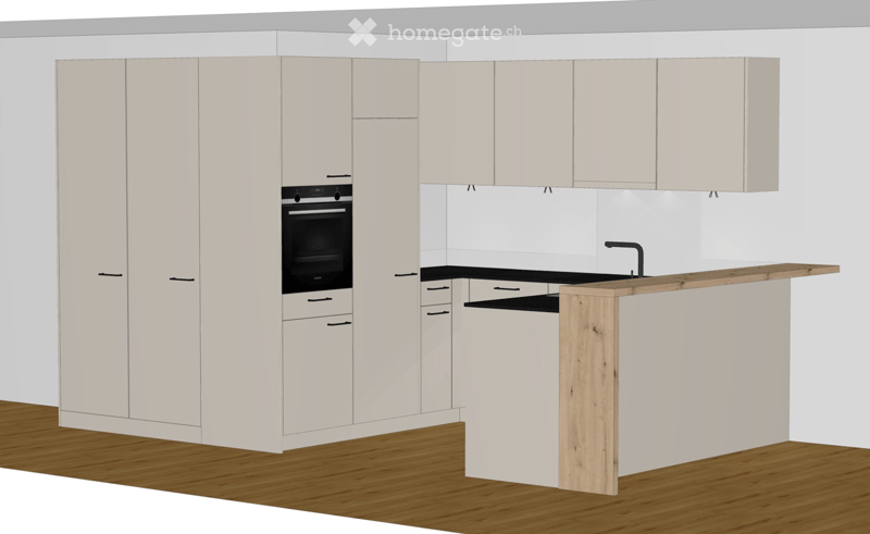 Modern kitchen with white cabinets, a built-in oven, a wooden countertop, and a sink with a faucet.