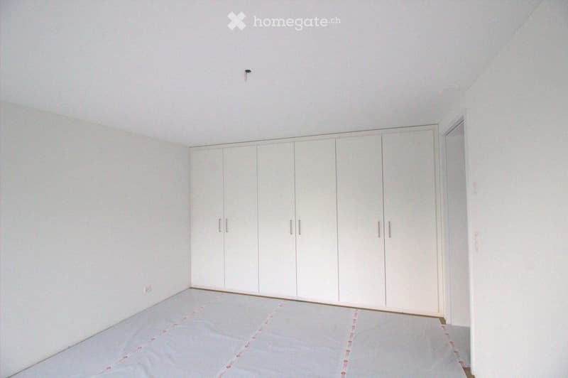 Empty room with white walls, a large built-in wardrobe, and a wooden floor. No furniture or personal items are present.