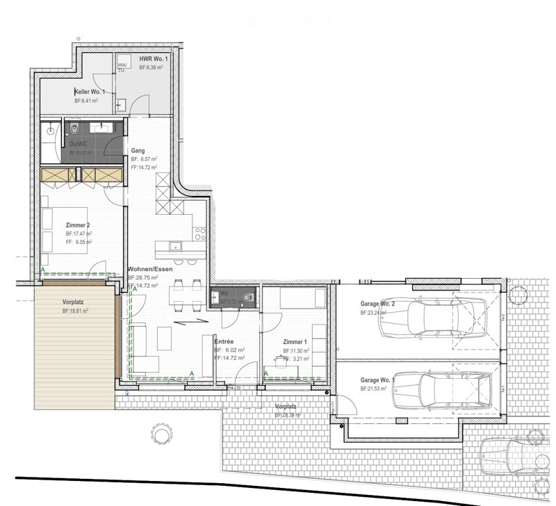 Floor plan of a house with multiple rooms including living/dining area, bedrooms, bathrooms, entrance, and two garages.