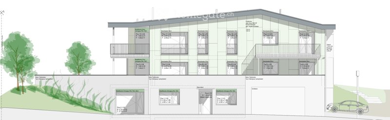 Architectural floor plan of a multi-story residential building with labeled rooms, dimensions, and floor areas. Includes details of apartments, balconies, and surrounding landscape.