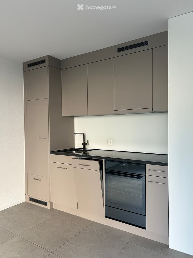 Modern kitchen with light-colored cabinets, a stainless steel sink, and a built-in oven. The countertops are sleek and the overall design is contemporary.
