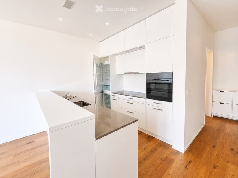Modern kitchen with white cabinets, stainless steel appliances, and a wooden floor.