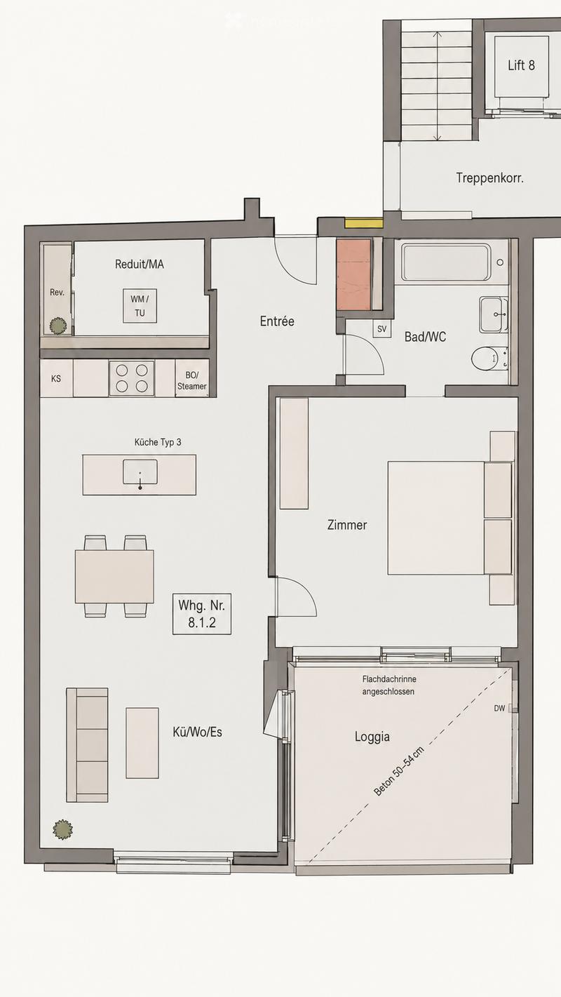 Floor plan of a residential unit featuring an entrance, kitchen, bedroom, bathroom, and loggia. Includes labeled areas such as 'Reduit/MA', 'Küche Typ 3', 'Zimmer', and 'Loggia'.