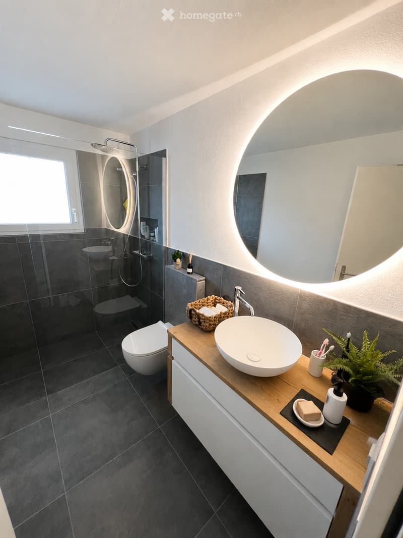 Modern bathroom with dark tiles, a large round mirror with built-in lighting, a wooden vanity with a white sink, a toilet, and a glass-enclosed shower area.