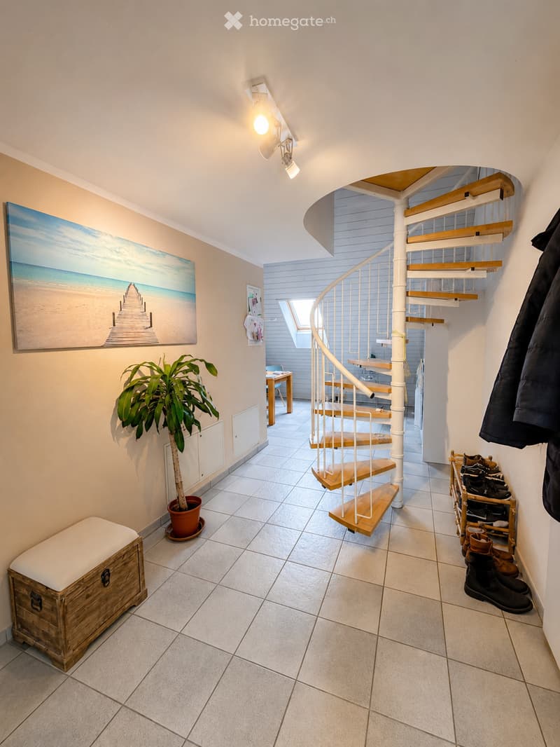 Spacious hallway with a modern spiral staircase, potted plant, shoe rack, and artwork on the walls.