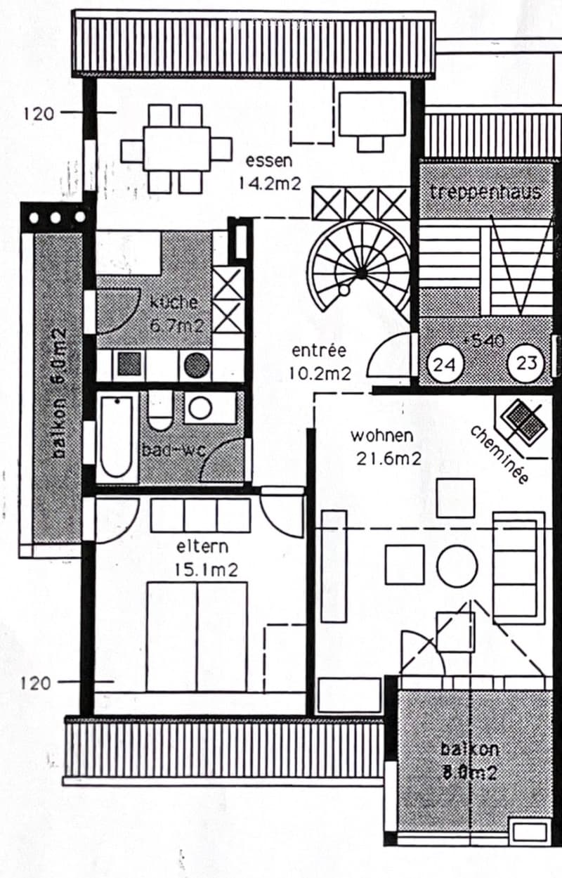 Floor plan of a residential unit with labeled rooms: living area (wohnen), dining area (essen), kitchen (küche), bathroom (bad+WC), bedroom (eltern), entrance (entrée), staircase (treppenhaus), and balcony (balkon).