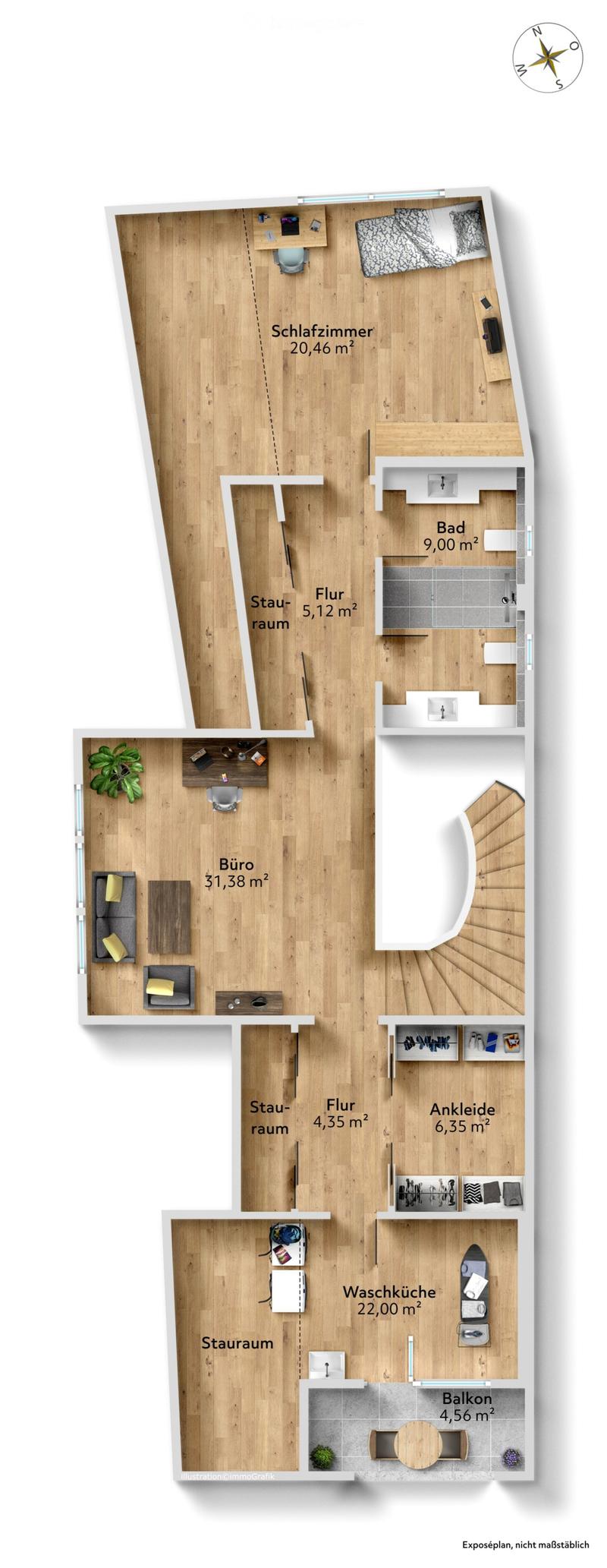 Floor plan of a modern apartment with multiple rooms including a bedroom, bathroom, living room, office, hallway, laundry room, and balcony.
