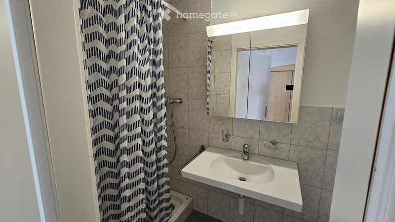 Modern bathroom with a white sink, mirror with built-in lighting, and a shower area with a patterned curtain.