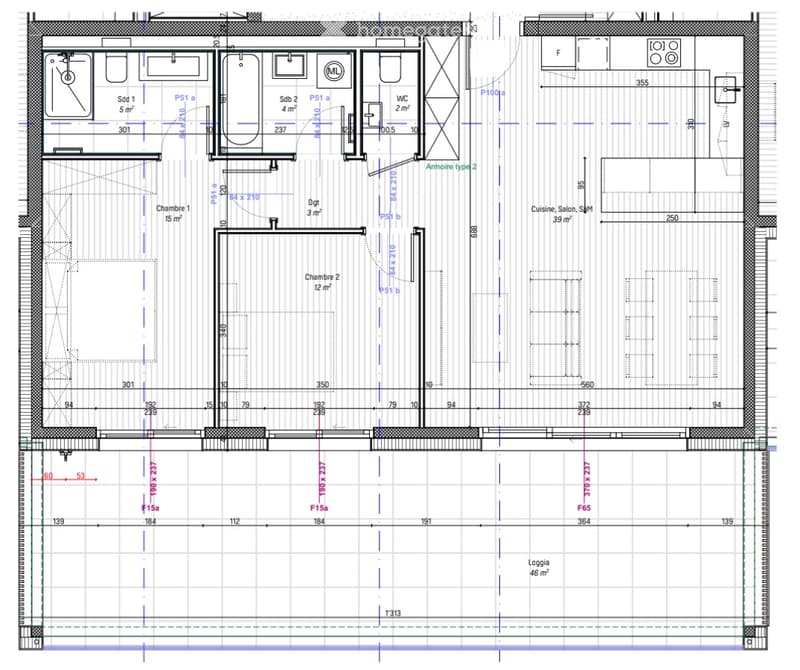 Floor plan showing a multi-room layout including a kitchen, living room, two bedrooms, two bathrooms, a WC, and a loggia.