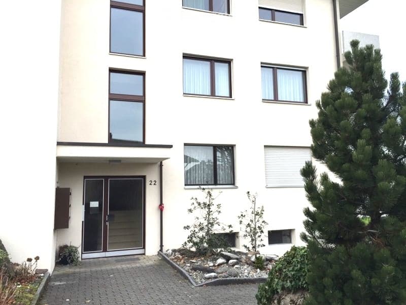 Modern multi-story residential building with white facade, large windows, and a small landscaped area in front.