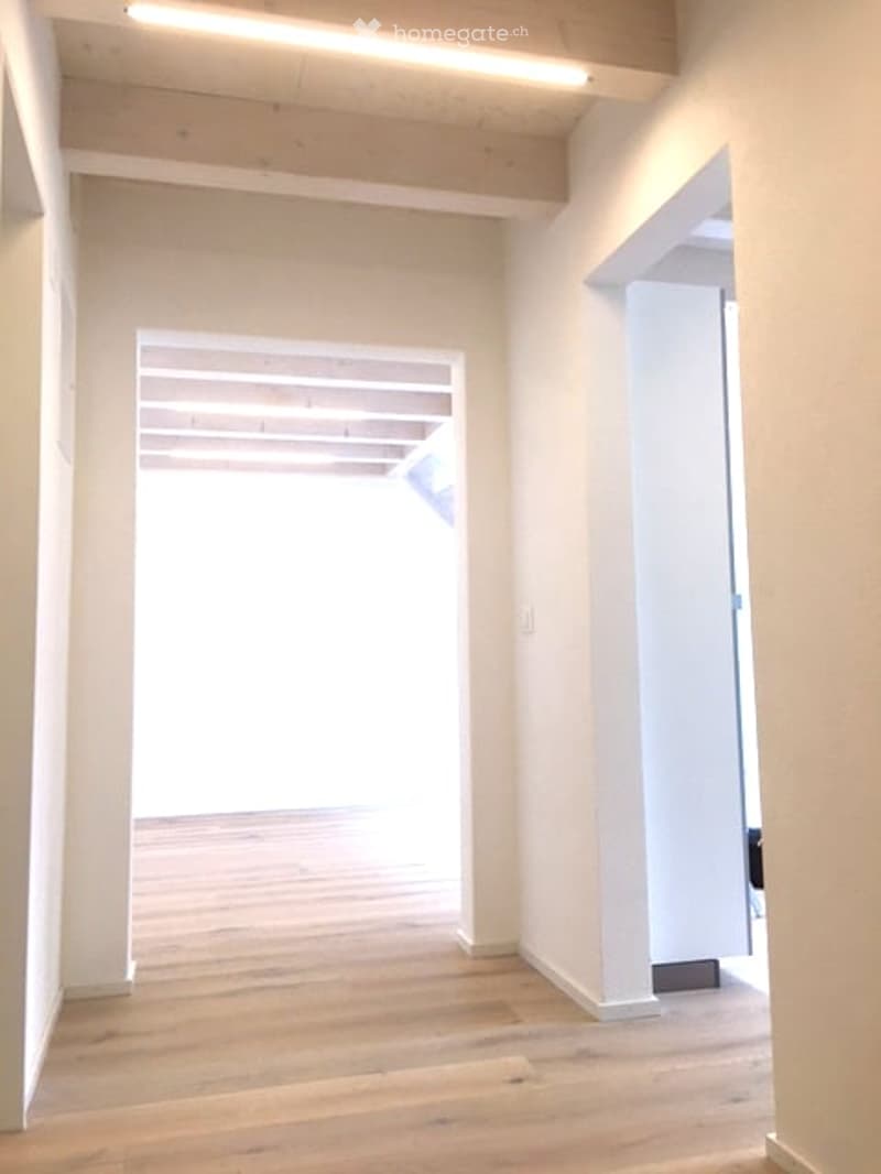 Empty hallway with light wooden flooring, white walls, and a bright opening to another space.