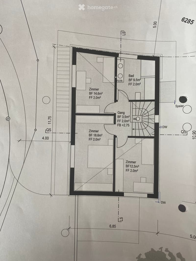 Floor plan showing a layout with multiple rooms including a bathroom, hallway, and several bedrooms with specified dimensions.