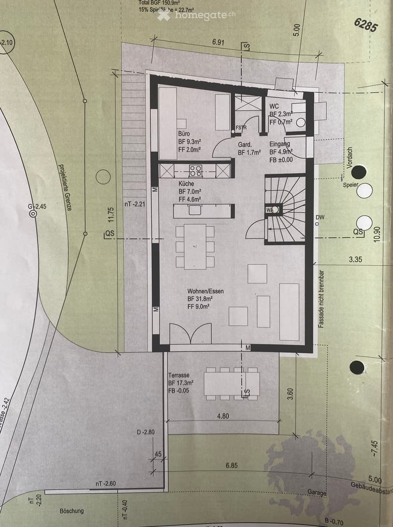 Floor plan of a house with labeled rooms including living/dining area, kitchen, office, bathroom, entrance, and terrace. Dimensions and floor levels are indicated.