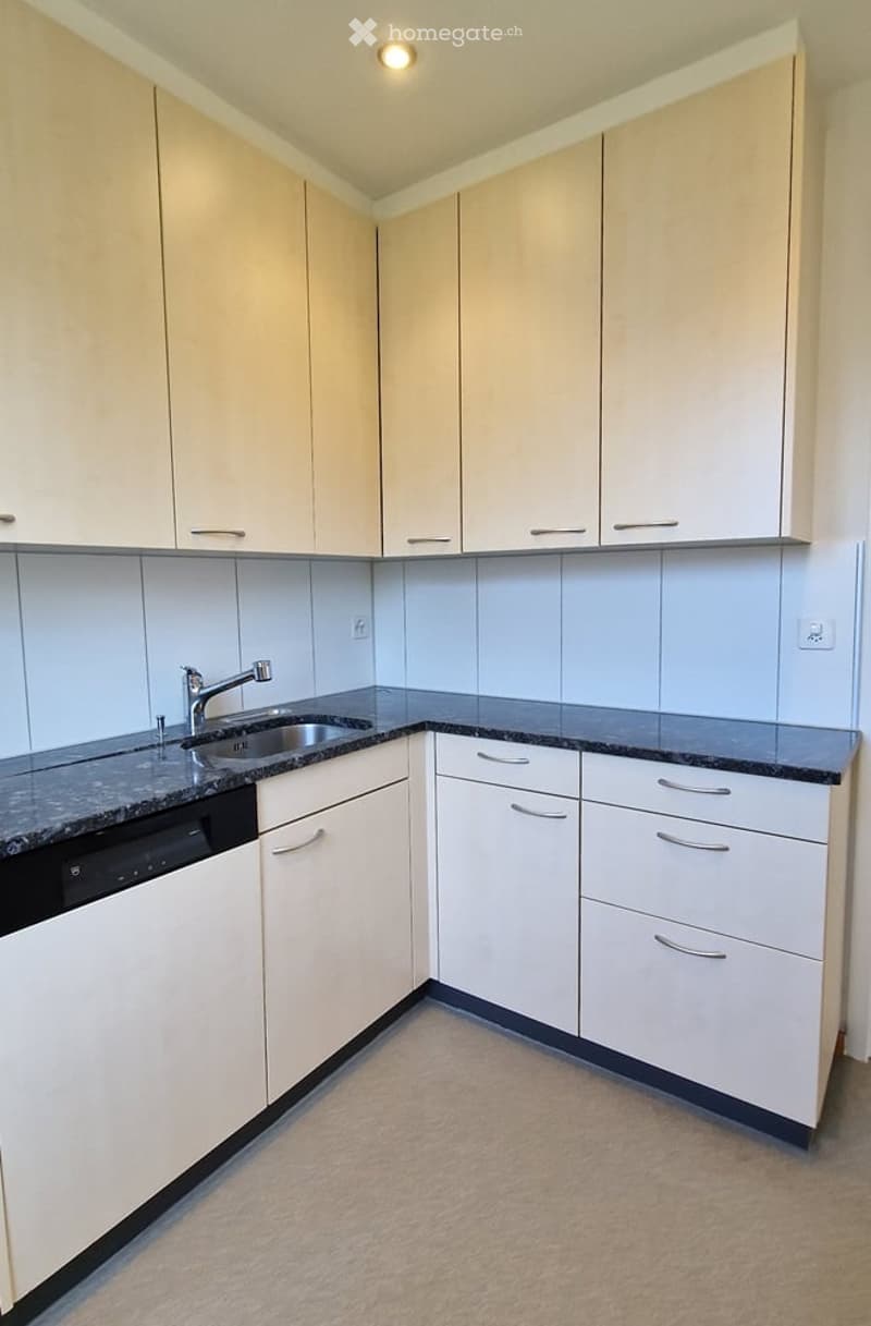 Modern kitchen with light wood cabinets, granite countertops, and stainless steel sink and dishwasher.
