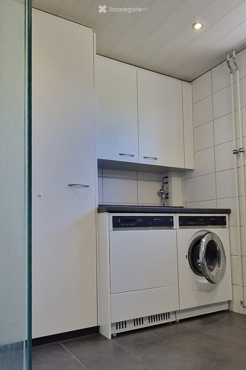 Modern bathroom with white cabinets, a washing machine, and a dishwasher, featuring a sleek black countertop and tiled walls.