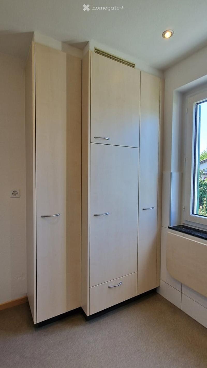 Empty room with light-colored walls, carpeted floor, and built-in wardrobe with multiple doors and drawers. A window with a view is visible on the right side.