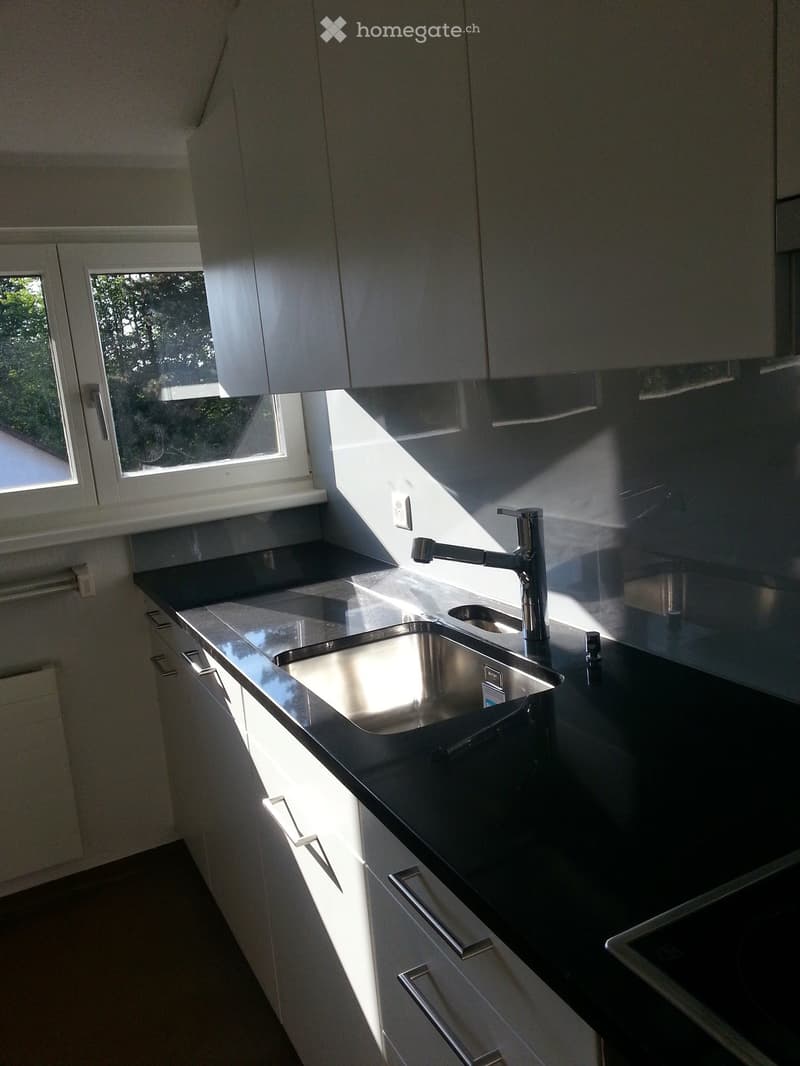 Modern kitchen with sleek black countertops, stainless steel sink, and white cabinets.