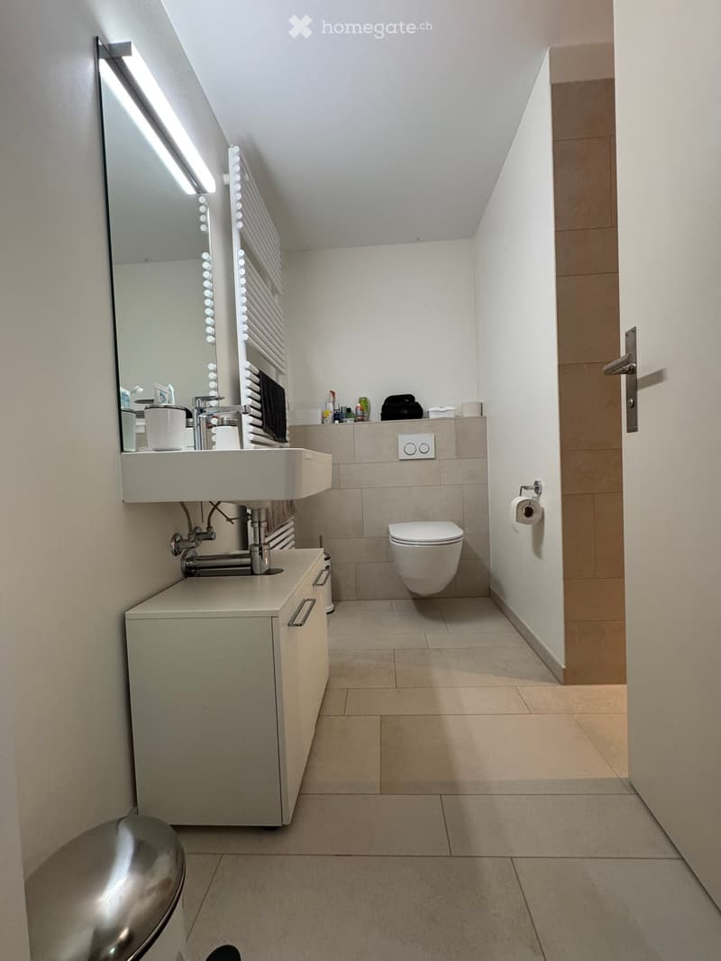 Modern bathroom with a white sink, mirror, toilet, and cabinet. Light-colored tiles and sleek fixtures.