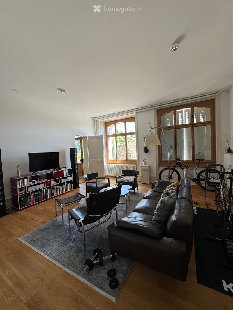 Modern living room with wooden flooring, large windows, a leather sofa, coffee table, chairs, bookshelf, TV, and bicycles near the window.