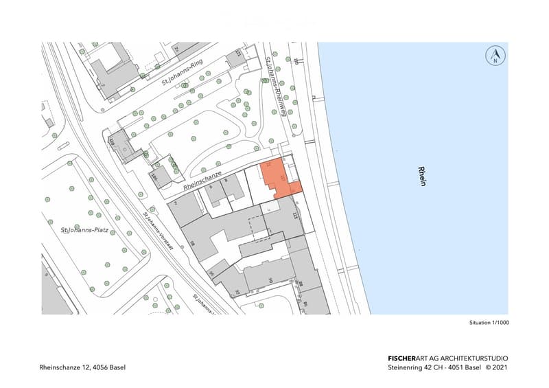 Floor plan of a property located at Rheinschänze 12, 4056 Basel, showing surrounding streets, buildings, and a highlighted area in orange.